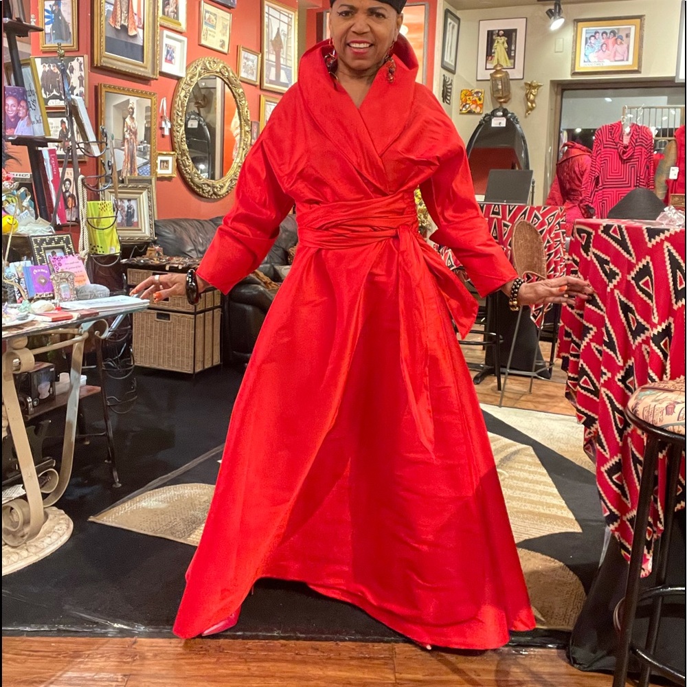 Long Red Dupioni Silk Wrap Dress